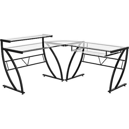 Florence L-shaped Glass Desk, Black and Clear