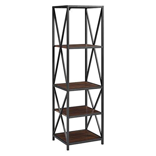 Pemberly Row Metal X Tower with Wood Shelves -Dark Walnut