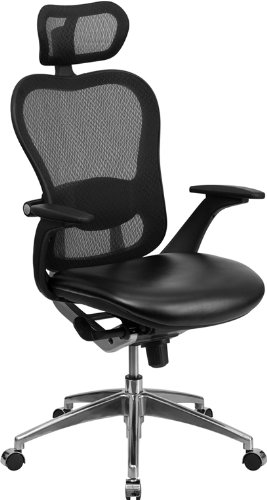 Flash Furniture High Back Luxury Comfort Executive Black Mesh Chair with Leather Seat and Chrome Base