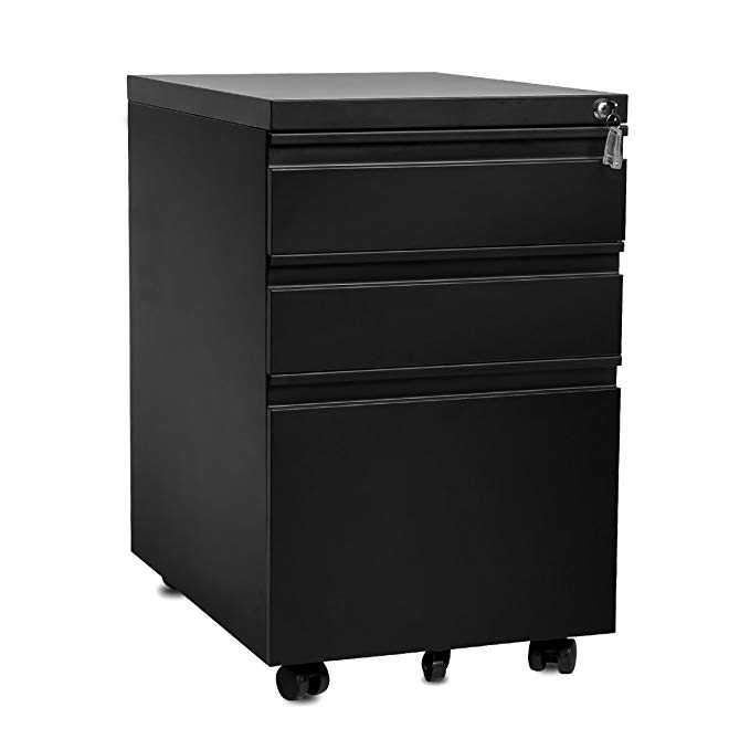 Merax 3-Drawer Mobile File Cabinet with Keys, Fully Assembled Except Casters (Black)