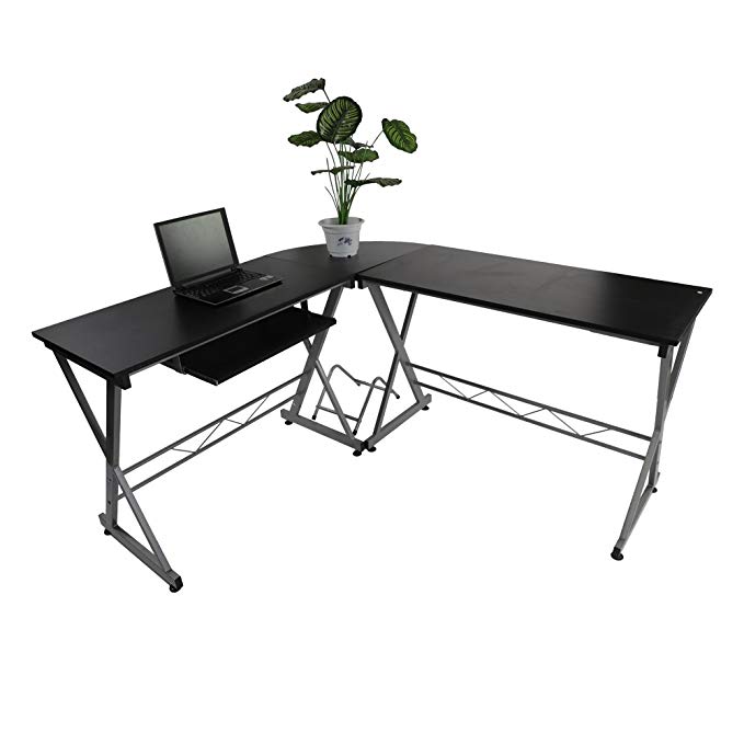 {US STOCK}Teekland Office Desk with Keyboard Tray，3-Pieces Corner Computer/Laptop Home Table(Black Wood，L-Shape (MDF(7mm) & Steel-Black)