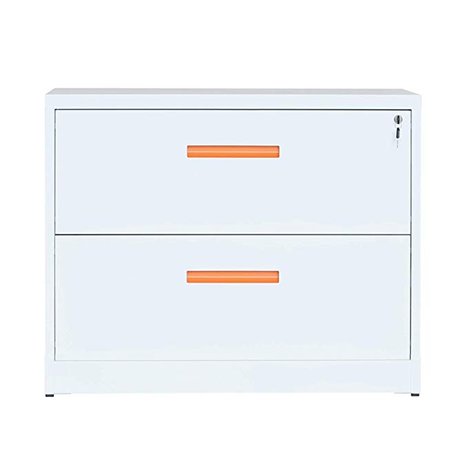 ModernLuxe Metal Lateral File Cabinet with Lock (Orange-White, 35.4W×28.4H×17.7D: 2-Drawers)