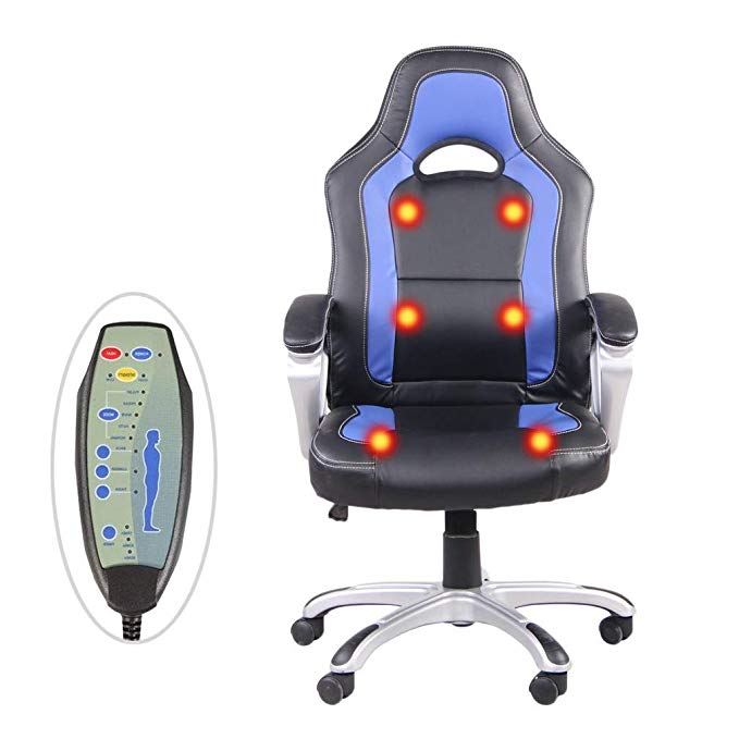 Nexttechnology Massage Chair 6 Point Vibrating 360 Degree Rotation Office Chair Home Leather Computer Chair Height Adjustable Exetutive Gaming Massage Chair (6 Point, Black and Blue)