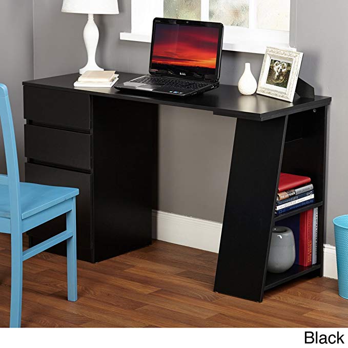 TMS Modern Writing Computer Desk. Blend Modern Design and Function. Includes Shelves and Drawers for Storage. Perfect Office, Dorm Room, or Appartment Furniture (Black)