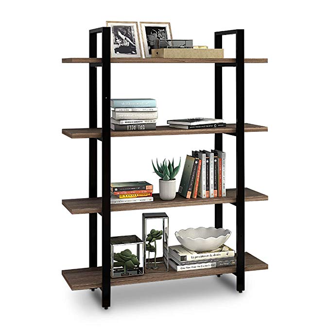 W-LIVE 4-Shelf Bookshelf, Home Office Storage Bookcase, Gary Oak