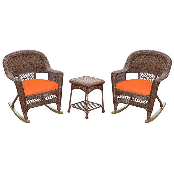 Jeco W00205R-C_2-RCES016 3 Piece Rocker Wicker Chair Set Orange Cushion, Honey