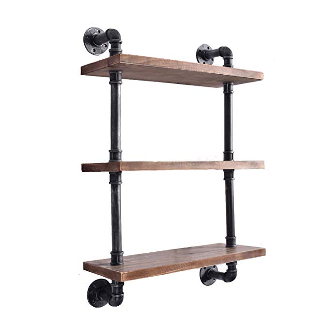 Diwhy Industrial Pipe Shelving Bookshelf Rustic Modern Wood Ladder Storage Shelf 3 Tiers Retro Wall Mount Pipe Dia 32mm Design DIY Shelving (Black, L 24