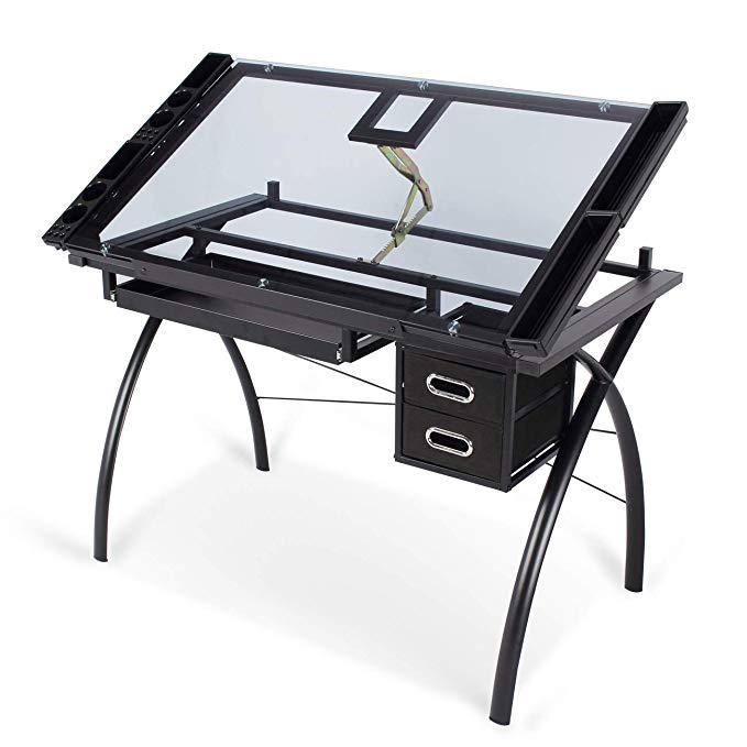 Belleze Drawing Craft Art Steel Table Glass Desktop for Studio Office w/Storage Drawers, Black