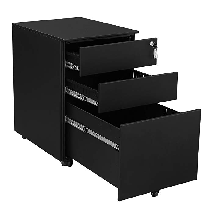 SONGMICS Steel File Cabinet 3 Drawer with Lock Mobile Pedestal Under Desk Fully Assembled Except Casters Black UOFC60BK