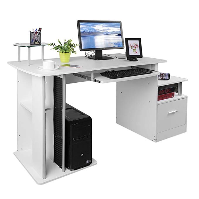 Computer PC Table Home Study Office Desk Workstation Combo Desk Furniture With Keyboard Tray Drawer Storage Shelves (White)