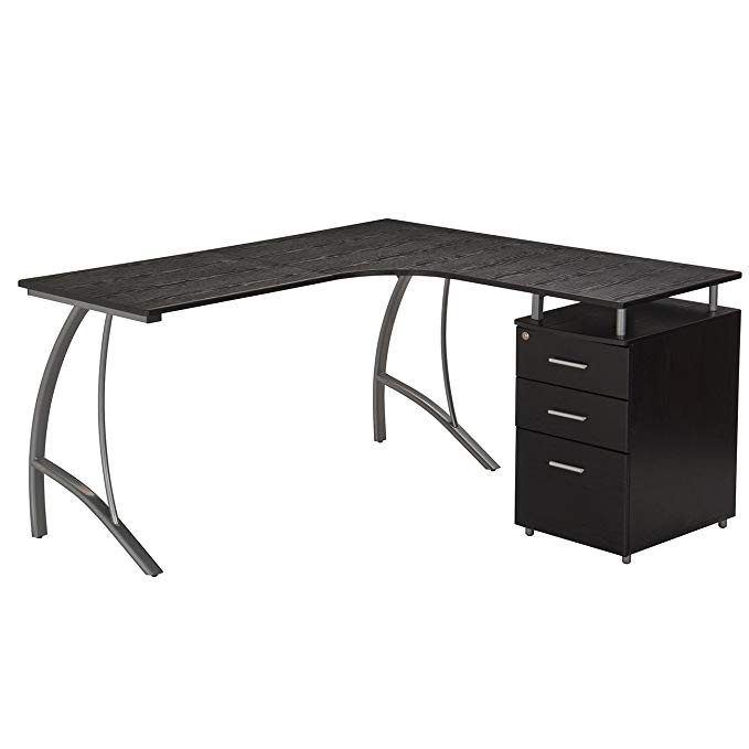 Techni Mobili Modern Black L- Shaped Corner Computer Desk with Interchangeable File Cabinet & Drawers - Espresso Black