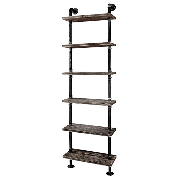 Diwhy Industrial Rustic Modern Wood Ladder Pipe Wall Shelf 6 Layer Pipe Design Bookshelf DIY Shelving