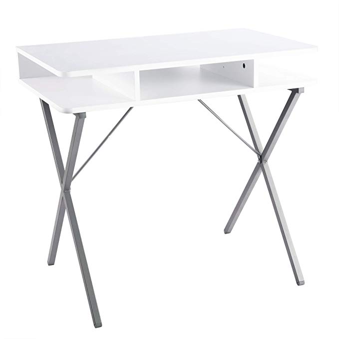 FIVEGIVEN Small White Computer Desk Modern Writing Desk with Storage for Home Office