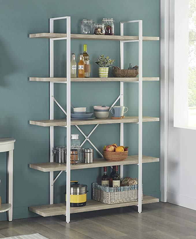 Homissue 5-Shelf Modern Style Bookshelf, Light Oak Shelves White Metal Frame, Display Storage Rack Collection, 70.0''Height