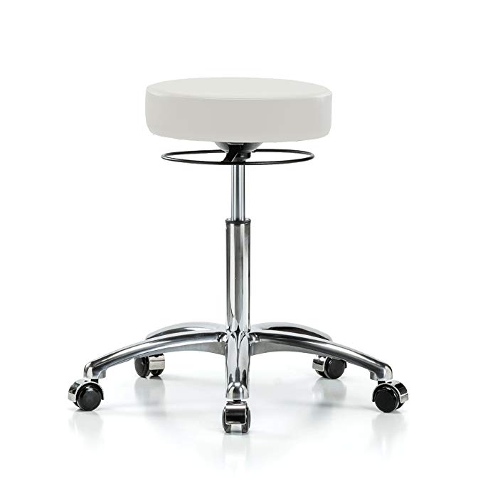 PERCH Chrome Stella Rolling Height Adjustable Salon & Spa Stool for Hardwood or Tile | Workbench Height 21-28.5 Inches | 300-Pound Weight Capacity | 12 Year Warranty (Adobe White Vinyl)