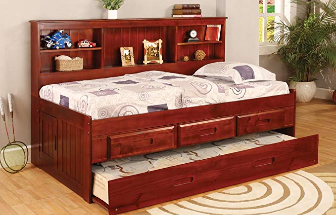 Discovery World Furniture Twin Daybed Bookcase with 3 Drawers and Trundle, Desk, Hutch, Chair and Bookshelf in Merlot Finish