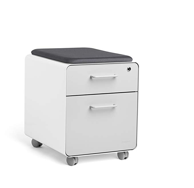 Poppin White + Light Gray Mini Stow File Cabinet with Casters and Pad