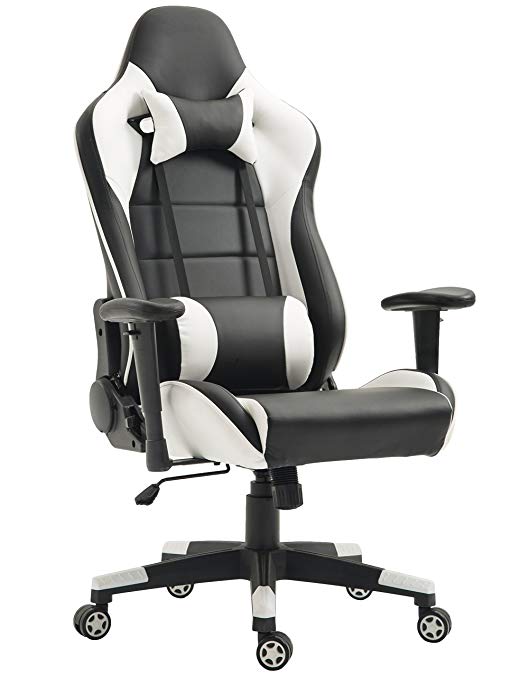 TIGO Gaming Chair Ergonomic Racing Chair PU Leather High-Back PC Computer Chair Adjustable Height Professional E-Sports Chair with Headrest and Lumbar Pillows (Black/White)