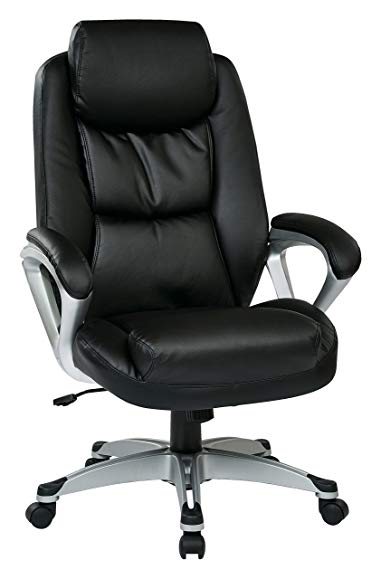 Office Star Executive Eco Leather Chair with Coil Spring Seat, Padded Arms and Silver Coated Base, Black