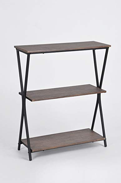 3-tier Black Metal X-Design Frame Bookcase Bookshelf in Vintage Brown Shelves