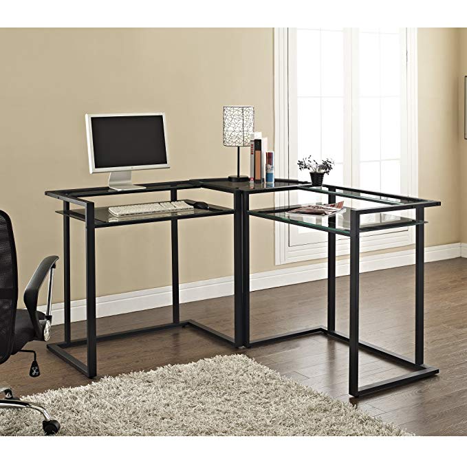 C-frame Glass & Metal L-Shaped Computer Desk - Clear/Black