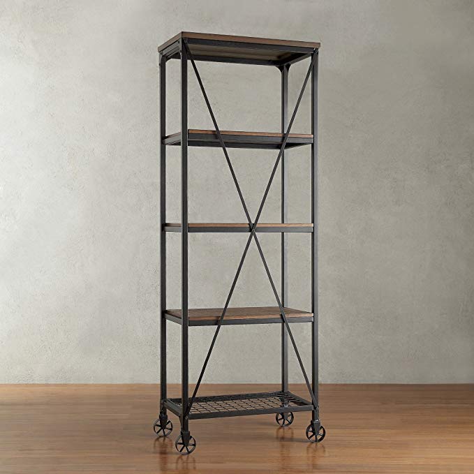 ModHaus Living Modern Industrial Rustic Riveted Black Metal & Wood Bookcase Shelf with Decorative Wheels - Includes (R) Pen