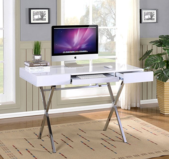 Kings Brand Furniture Contemporary Style Home & Office Desk, White/Chrome