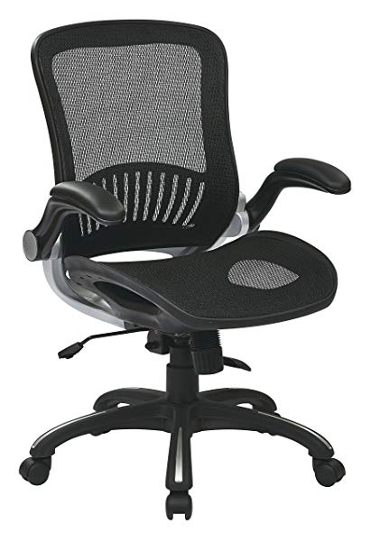 Office Star Beathable Mesh Seat and Back Managers Chair with Padded Flip Arms and Silver Accents, Black