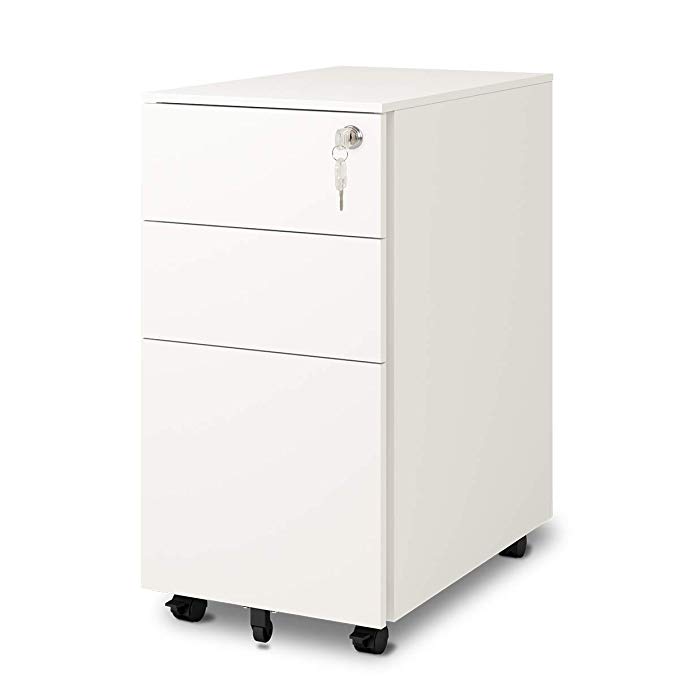 DEVAISE Mobile File Cabinet with Lock, 3-Drawer Mobile Pedestal, White