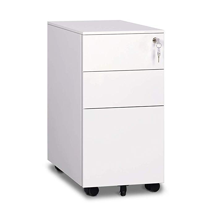 DEVAISE 3 Drawer Metal File Cabinet with Lock (Mini-White) Fully Assembled Except Casters