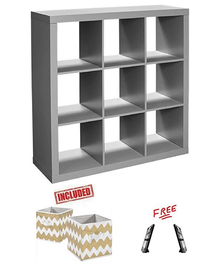 Better Homes and Gardens 9-Cube Organizer Storage Bookcase Bookshelf Gray Finish with Set of 2 Bins Included with Free!