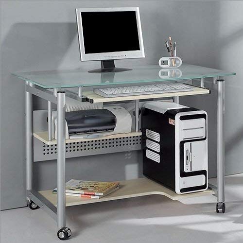 Rolling Computer Desk Glass and Silver Colored Metal Home Office Computer Workstation