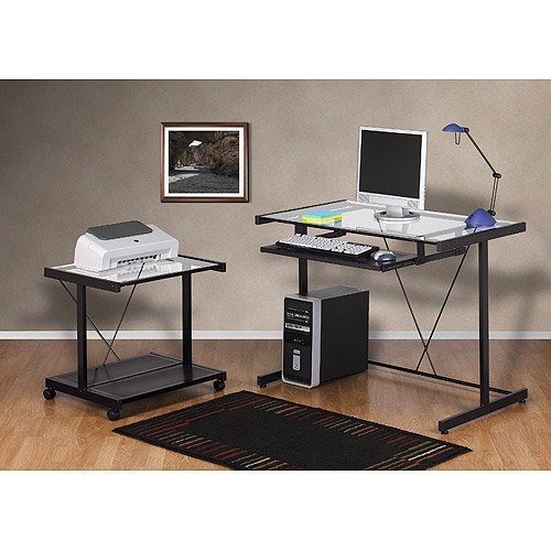 Computer Desk and Printer Cart Value Bundle, Black Metal and Glass