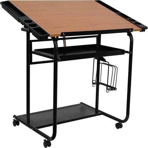 Parkside Adjustable Drawing and Drafting Table with Black Frame and Dual Wheel Casters