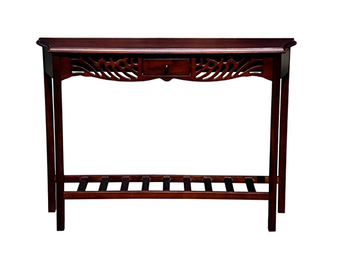 Offex Living Room Mahogany Wood Console Table with Magazine Shelf