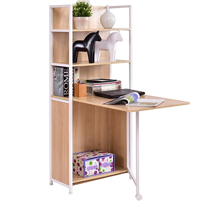 Tangkula Convertible Desk Wood Folding Cabinet Laptop Computer Desk with Shelf