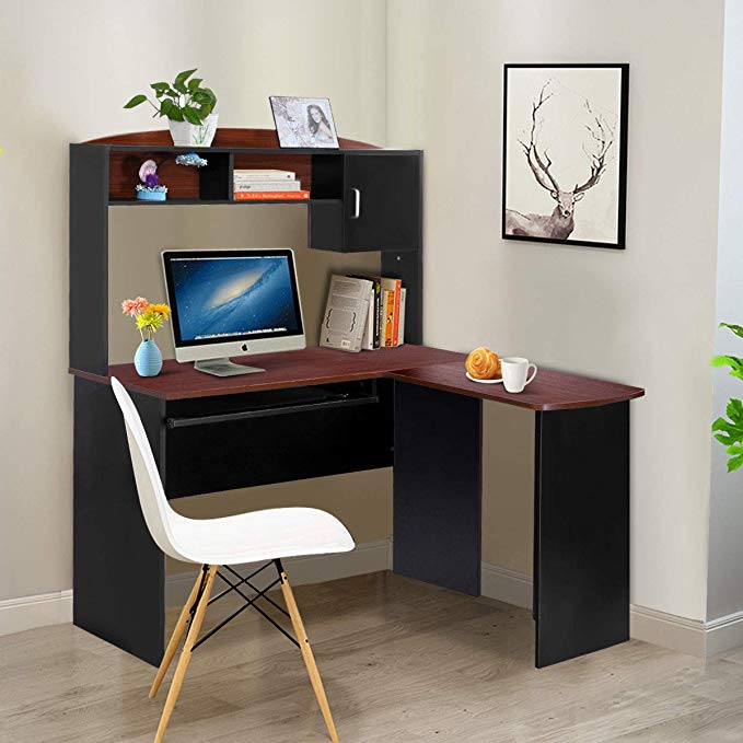 Tangkula L Shaped Desk Corner Desk, Home Office Wood Workstation Space Saving Computer Desk Spacious Wooden Surface, Sliding Keyboard Tray, Storage Shelves Cabinet(Black & Brown)