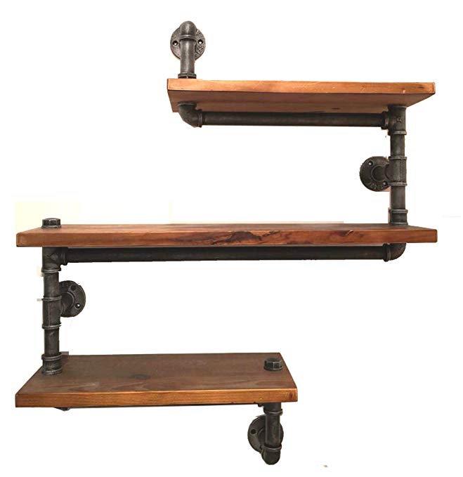 Industrial Pipe Shelving Bookshelf Rustic Modern Wood Ladder Pipe Wall Shelf 3 Tiers Wrought IronPipe Design Bookshelf DIY Shelving(Dia 32mm,Weight:30lb)