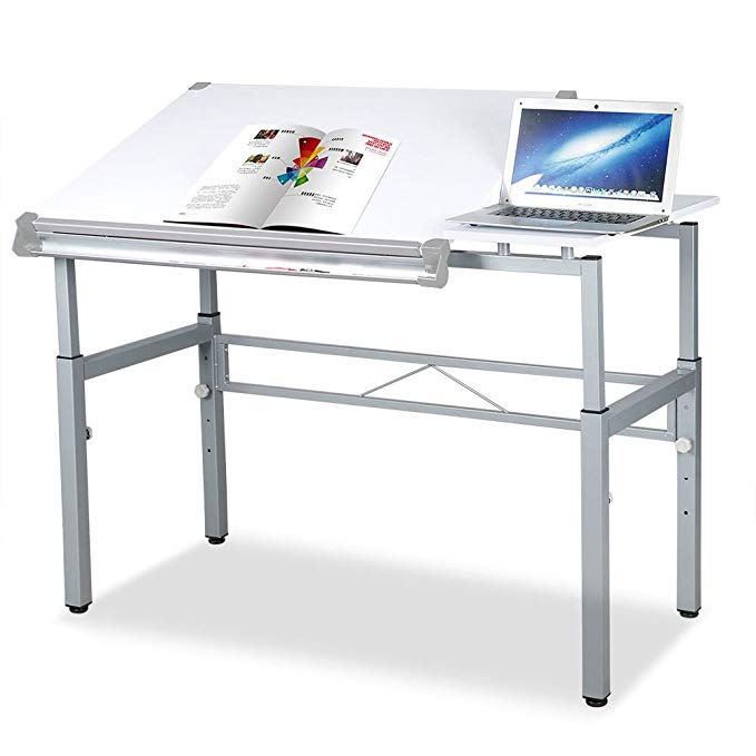 White Tilting Tabletop Height Adjustable Drawing Desk Workstation Dual Top Surface Painting Writing Reading Study Table Art Craft Hobby Studio Architect Office Home Work Sturdy Durable Metal Frame