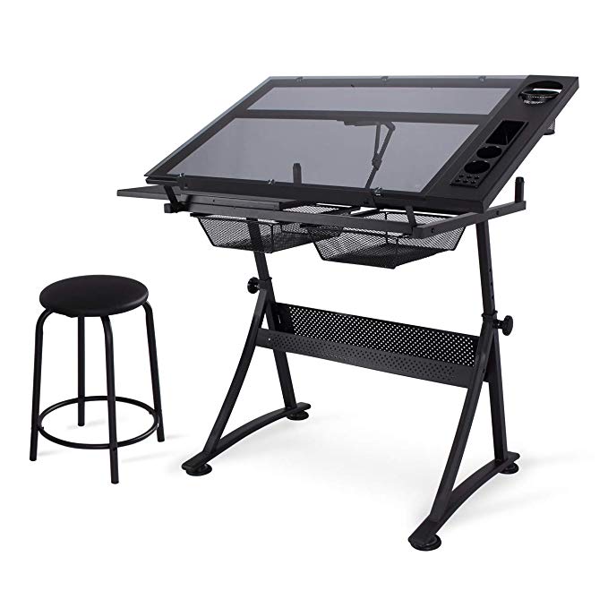 Belleze Adjustable Glass Top Drawing Drafting Table Art Work Station w/ 2 Drawers Stool, Black