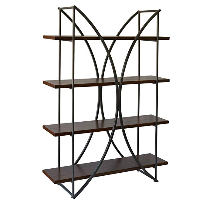 StyleCraft Elliptical 4 Shelf Metal Bookcase with Paulownia Wood Veneer Shelves