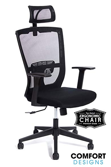 Premium High Back Mesh Office Chair by Comfort Designs | Ergonomic Desk Chair, Lumbar Back Support with Headrest | Commercial Grade | Self Adjusting Synchro Tilt Control | Limited