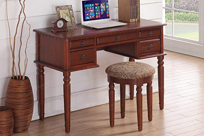 Home office cherry color writing desk that features a wooden frame with storage drawers and a matching cushioned stool