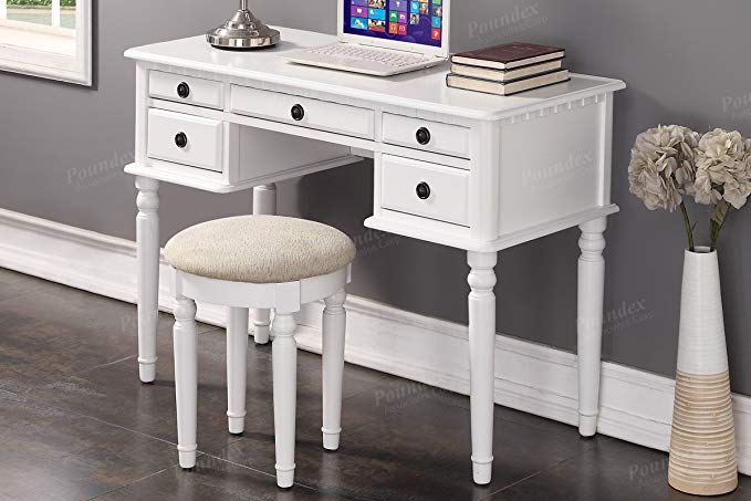 Home office white color writing desk that features a wooden frame with storage drawers and a matching cushioned stool