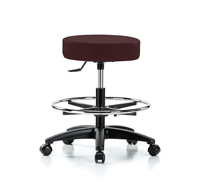 PERCH Rolling Single Lever Height Adjustable Swivel Stool with Foot Ring for Hardwood or Tile Floors, Workbench Height, Burgundy Fabric