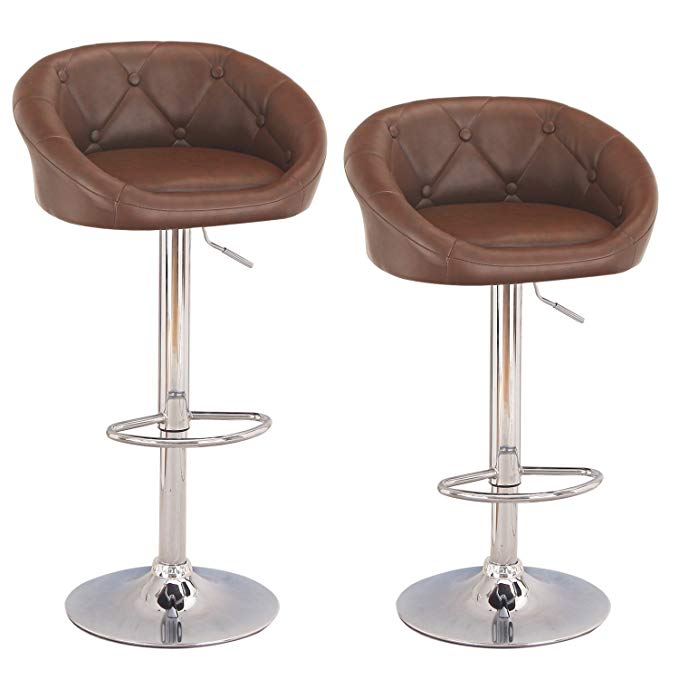 Adeco Hydraulic Lift Cushioned Adjustable Swivel Counter Barstool With Button Tufted Faux Leather Low Back - Brown Color - Adjustable Height 31-40 Inches - Set of 2