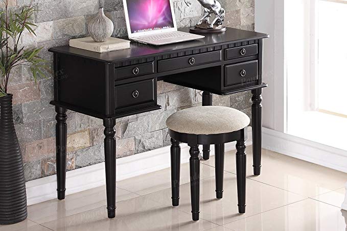 Home office black color writing desk that features a wooden frame with storage drawers and a matching cushioned stool