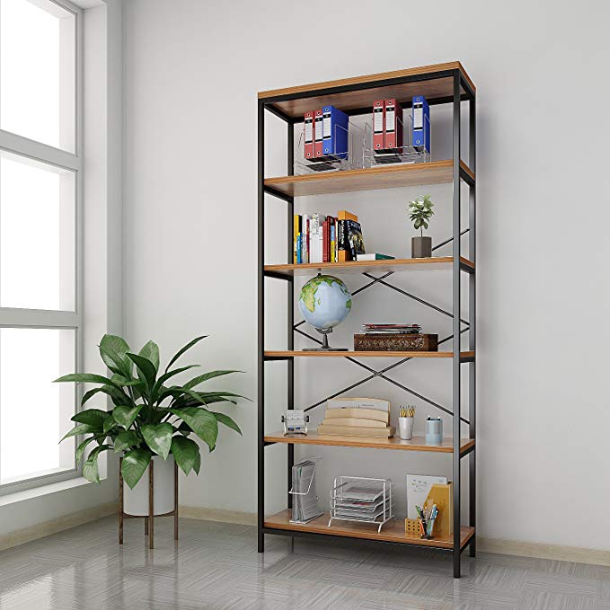 Creine 6 Tier Vintage Industrial Bookcase, Wooden and Metal Bookshelf for Home and Office 31.6 x 11.8 x 70.9inch