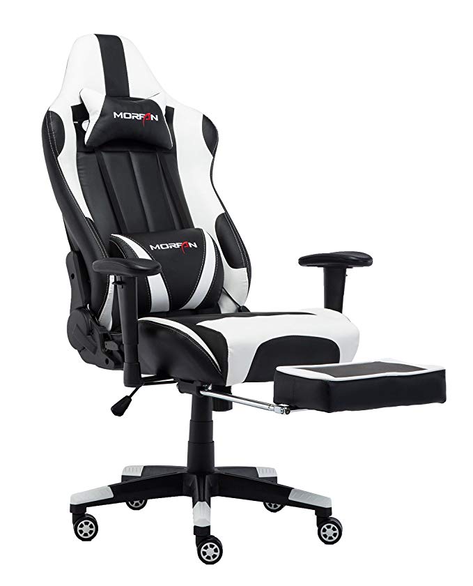 Morfan Gaming Chair High Back Computer Racing Swivel Executive Desk Chair with Retractable Footrest and Lumbar Massager Support (Black/White) …