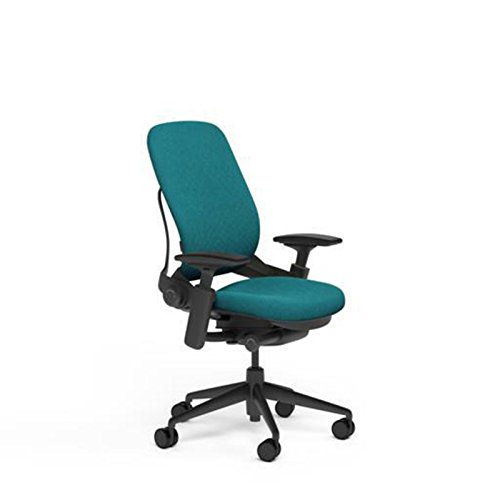 Steelcase Leap Desk Chair in Buzz2 Cyan Fabric - Highly Adjustable Arms - Black Frame and Base - Soft Dual Wheel Hard Floor Casters